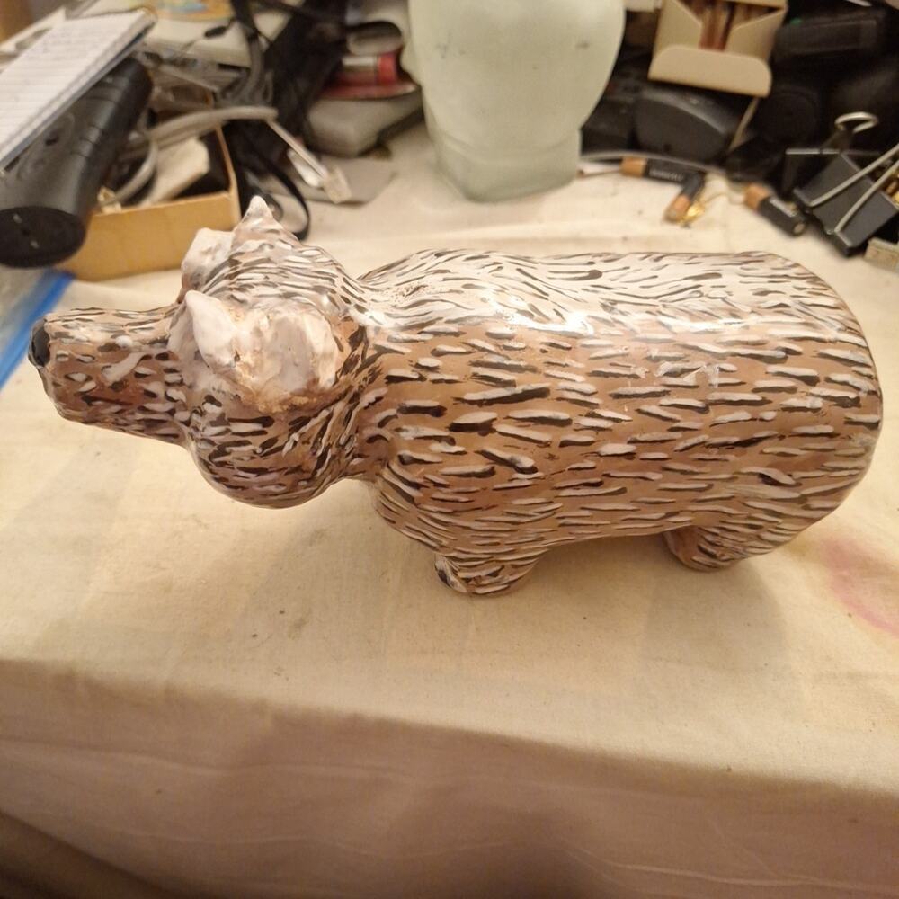 Hand Painted Ceramic Bear Sculpture. 9in X 4in X 4in.